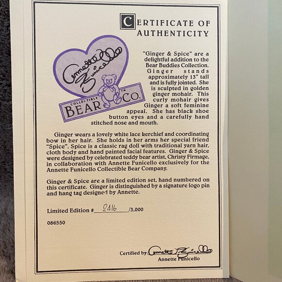 Annette Funicello Bear Co. Collectible Jointed 12” Mohair Bear Ginger & Spice - Picture 13 of 13